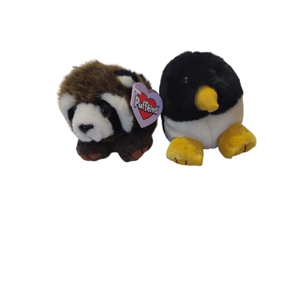 Lot‎ of 2 Puffkins Plushies Tux the Penguin and Bandit the Raccoon